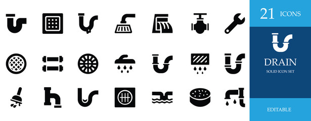 Minimal black vector icons of plumbing, drainage, sewer, pipe, sanitation, maintenance, and infrastructure. Ideal for web, UI, infographic, and service design use
