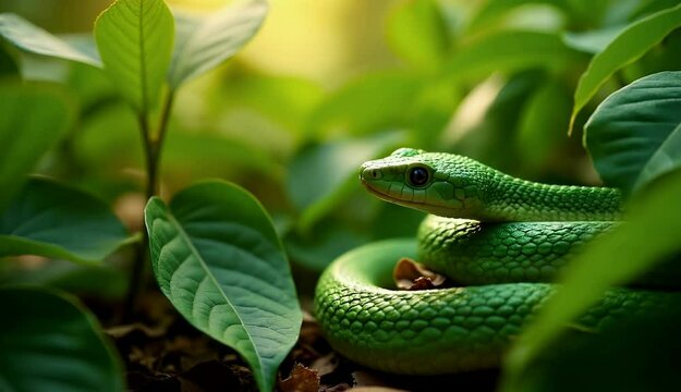 Bright green pit viper nestled among dense greenery in a tropical jungle.