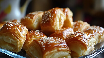 Delicious Pastry: Close-Up of Golden Brown Baked Goods with Caramel Glaze