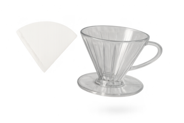 Transparent coffee dripper and paper filter isolated on transparent background