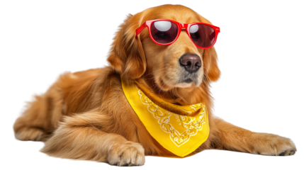 Cute golden retriever wearing red sunglasses and a yellow bandana, facing camera, white background, isolated PNG