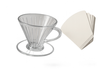 Glass coffee dripper and paper filters isolated on a transparent background.