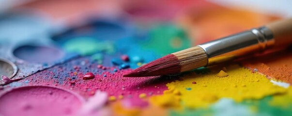 Obraz premium A close-up shot of a paintbrush resting on a vibrant, colorful palette, ready for artistic creation The bristles are slightly splayed, suggesting recent use , craft, hobby