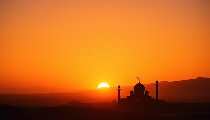 Naklejka premium Silhouetted mosque at sunset over vast desert landscape, Ramadan Kareem, islamic, festival