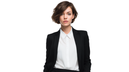Businesswoman in a white blouse and black blazer, short hair, looking determined, cropped to waist, no hands visible, isolated PNG