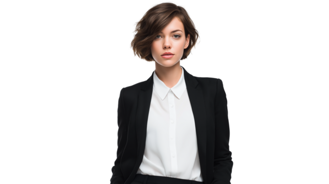 Businesswoman in a white blouse and black blazer, short hair, looking determined, cropped to waist, no hands visible, isolated PNG