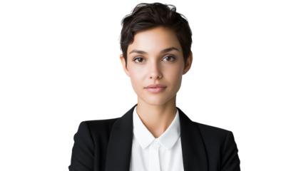 Businesswoman in a white blouse and black blazer, short hair, looking determined, cropped to waist, no hands visible, isolated PNG