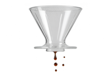 Pour over coffee dripper with coffee drops on transparent background cutout