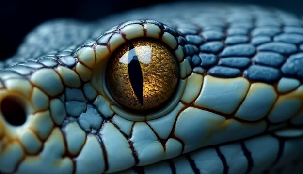 Macro close-up showing a snake&rsquo;s head with yellow eyes set against a dark background.