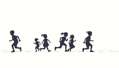 Obraz premium Silhouettes of small children running, isolated on white background , run, image