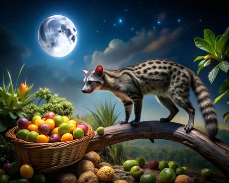 African Linsang walking on branch at night, tropical fruits basket