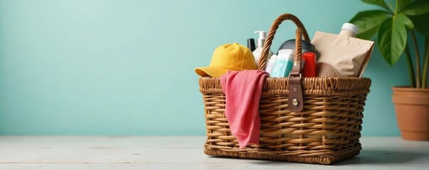 A rustic woven luggage basket overflowing with neatly packed travel essentials, ready for a journey Perfect for travel, storage, and home decor , element, organic