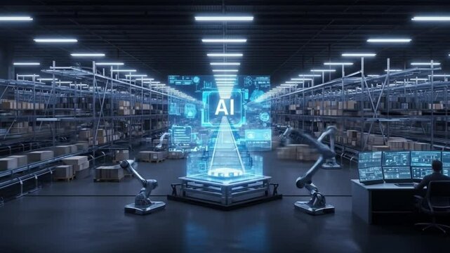 Automated Warehouse with AI Robotics and Conveyor Belts for Efficient Logistics