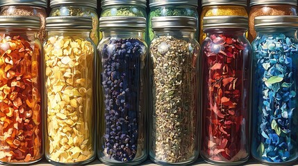 Colorful Assorted Spices and Grains in Glass Jars on Wooden Shelf