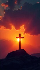 A single, glowing cross silhouetted against a dramatic sunset sky, symbolizing hope, faith, and redemption , heaven, promise, divine light