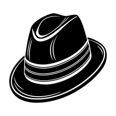 Classic fedora hat illustration in black and white, Black and white drawing of a vintage fedora hat with a wide brim and creased crown, symbolizing fashion and timeless style.