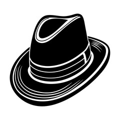 Classic fedora hat illustration in black and white, Black and white drawing of a vintage fedora hat with a wide brim and creased crown, symbolizing fashion and timeless style.