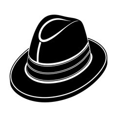 Classic fedora hat illustration in black and white, Black and white drawing of a vintage fedora hat with a wide brim and creased crown, symbolizing fashion and timeless style.