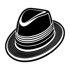 Classic fedora hat illustration in black and white, Black and white drawing of a vintage fedora hat with a wide brim and creased crown, symbolizing fashion and timeless style.