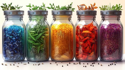 Colorful Assorted Spices and Grains in Glass Jars on Wooden Shelf