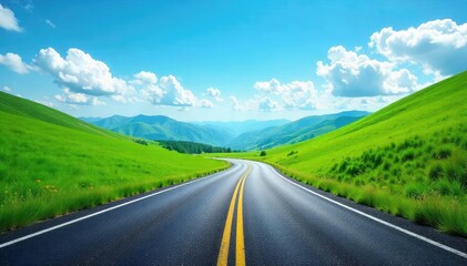 Naklejka premium A winding asphalt road disappears into the distance, flanked by lush green hills under a vibrant blue sky Perfect for travel, adventure, and journey themed projects , sunshine, scenery