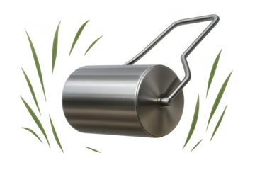 Metal lawn roller isolated on transparent background, gardening equipment shot