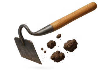 Garden hoe and soil clumps isolated on transparent background, farming tool