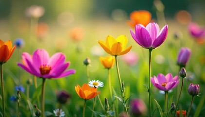 Close-up of vibrant, diverse wildflowers blooming in a lush meadow, illustrating the beauty and complexity of organic evolution in nature , evolution, genetic diversity