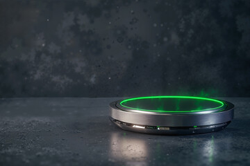 Futuristic Brushed Silver Podium with Green Rim Light on Deep Gray Background for Sustainable AI Design