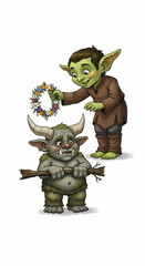 Fototapeta premium Mythical Troll and Goblin with Floral Wreath and Wooden Stick