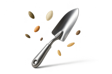 Shiny metal trowel and assorted seeds isolated on transparent background design.