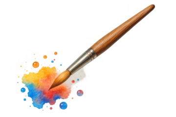 Watercolor paint splash with paintbrush isolated on transparent backdrop, art
