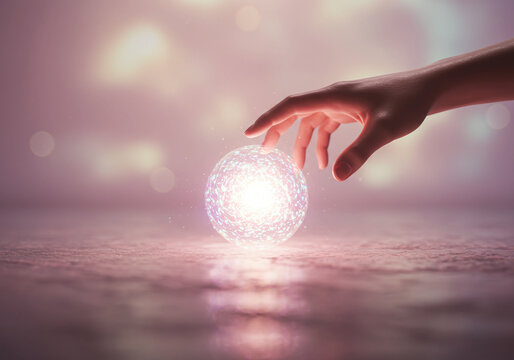 Close-up of a hand reaching toward a glowing iridescent orb, with soft halo and dreamlike lighting.