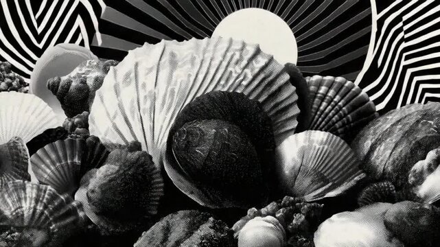 Abstract monochrome collage with seashells and geometrical patterned elements backdrop
