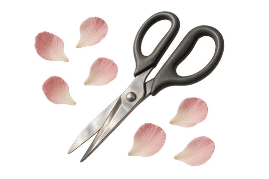 Scissors with flower petals isolated on transparent background, craft concept