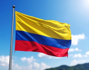 Colombian Flag Waving in Blue Sky 