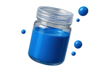 Glass jar with blue liquid and floating blue spheres, transparent background