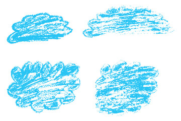 Blue hand drawn clouds with chalk and wax crayon texture. A playful set of sketchy shape. Rough lines and bold shapes