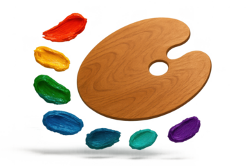 Wooden Artist Palette with multiple colors isolated on transparent background.