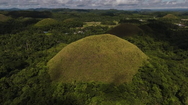 A lone majestic Chocolate Hill emerges from a thick green forest Among Dense Jungle in sunny cloudy day, Bohol, Philippines