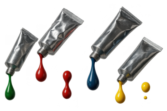Vibrant paint tubes in primary colors isolated on transparent background art