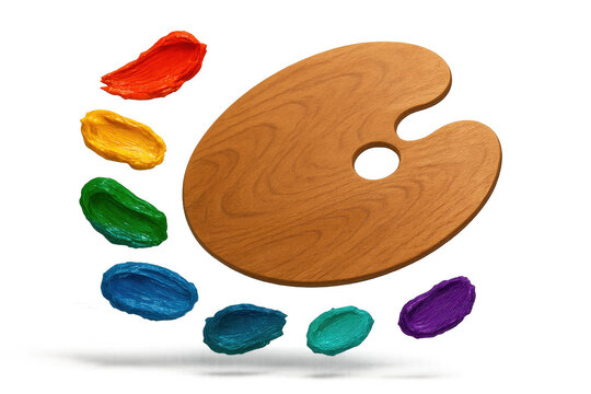 Wooden Artist Palette with multiple colors isolated on transparent background.
