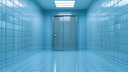 Interior view of a bathroom entrance with frosted sliding door and tiled walls
