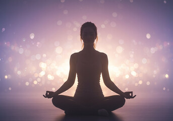 Silhouetted figure in meditative pose with glowing iridescent light.
