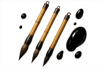 Three calligraphy brushes with black ink drops on a transparent background art