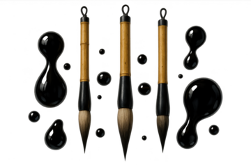Asian calligraphy brushes with ink drops isolated on transparent background