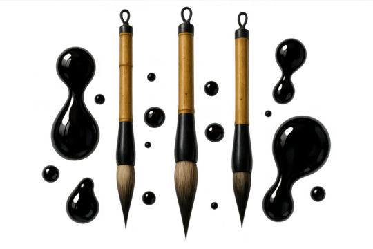 Asian calligraphy brushes with ink drops isolated on transparent background