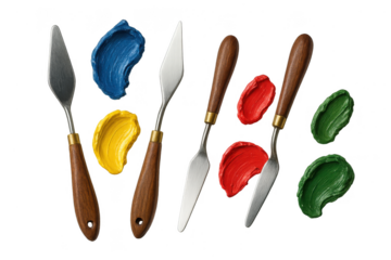 Assortment of palette knives and vibrant color paint isolated, transparent background.