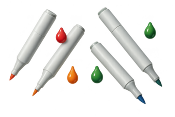 Set of colorful markers with vibrant paint drops isolated on transparent background