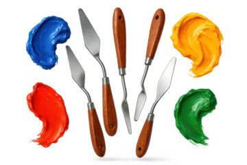 Palette knives and colorful oil paint smears on transparent background, art supplies